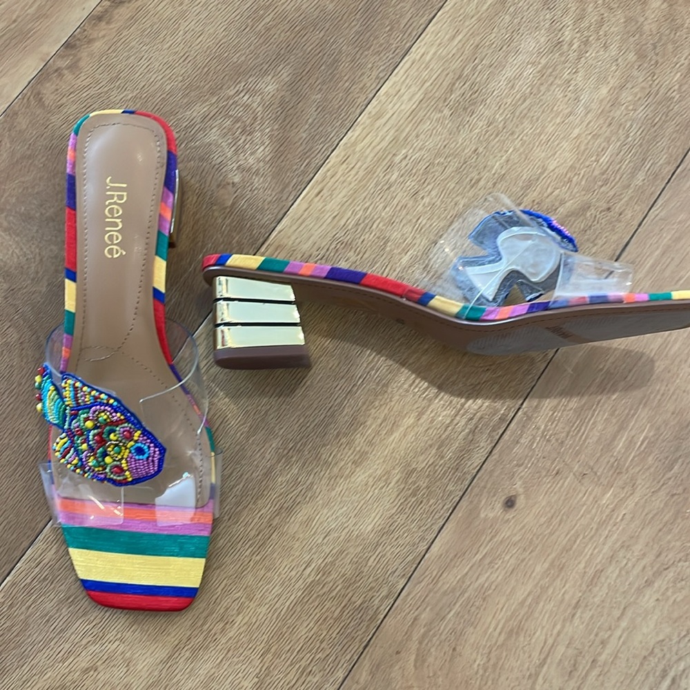 J. Renee colorful sandals with gold heel & beaded fish on clear vinyl strap 10 - Picture 2 of 6